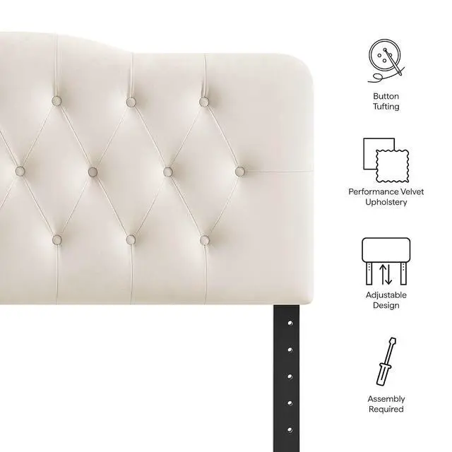 Alt view image 4 of 7 - Annabel Performance Velvet Adjustable Queen Headboard in Alabaster - Stain-Resistant Padded Headboard Only with Diamond Button Tufting and 7 Height-Adjustable Positions