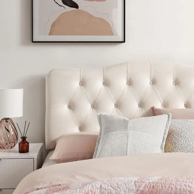 Alt view image 5 of 7 - Annabel Performance Velvet Adjustable Queen Headboard in Alabaster - Stain-Resistant Padded Headboard Only with Diamond Button Tufting and 7 Height-Adjustable Positions