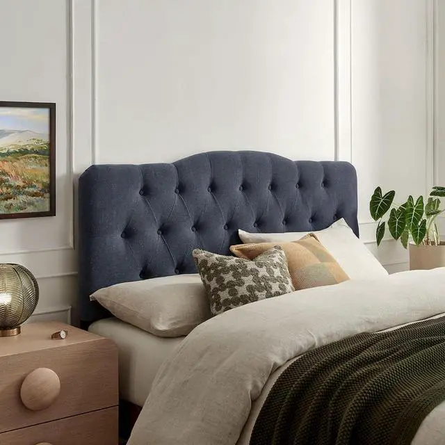 Main image of Annabel Premium Linen Blend King Headboard in Denim - Soft Fabric Headboard Only with Diamond Button Tufting and 7 Height-Adjustable Positions