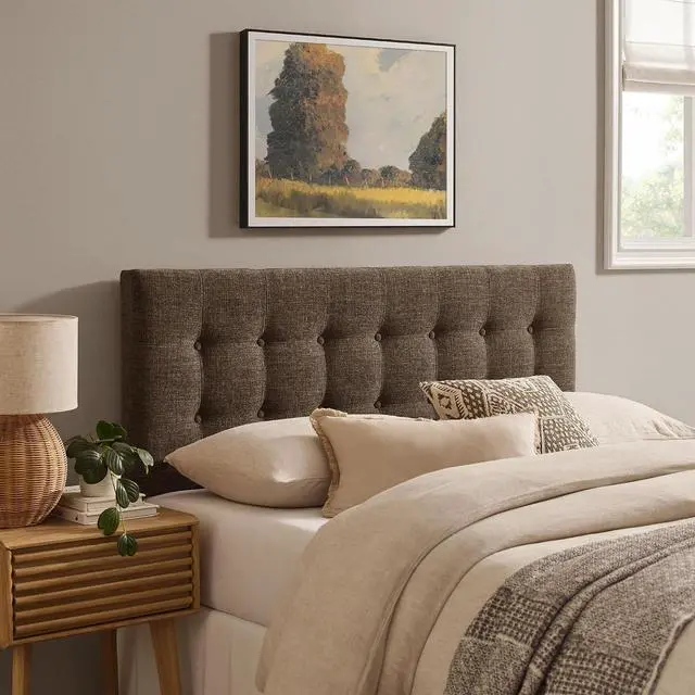 Main image of Emily King Size Fabric Headboard in Mocha - Linen-Like Upholstery with Button Tufting and 7 Adjustable Height Positions
