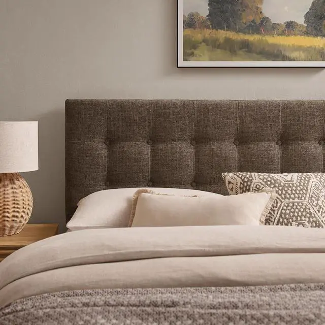 Alt view image 5 of 7 - Emily King Size Fabric Headboard in Mocha - Linen-Like Upholstery with Button Tufting and 7 Adjustable Height Positions