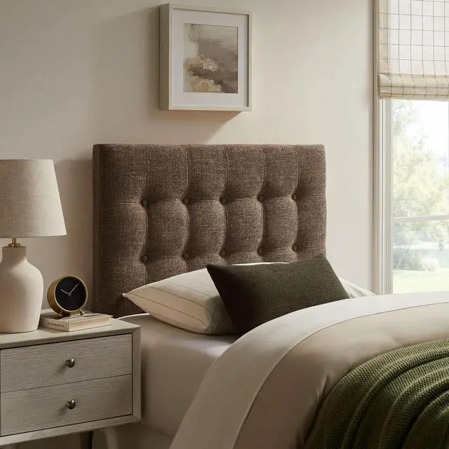 Main image of Emily Twin Size Fabric Headboard in Mocha - Linen-Like Upholstery with Button Tufting and 7 Adjustable Height Positions