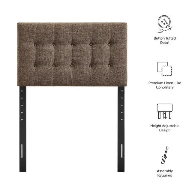 Alt view image 4 of 7 - Emily Twin Size Fabric Headboard in Mocha - Linen-Like Upholstery with Button Tufting and 7 Adjustable Height Positions
