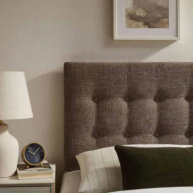Alt view image 5 of 7 - Emily Twin Size Fabric Headboard in Mocha - Linen-Like Upholstery with Button Tufting and 7 Adjustable Height Positions