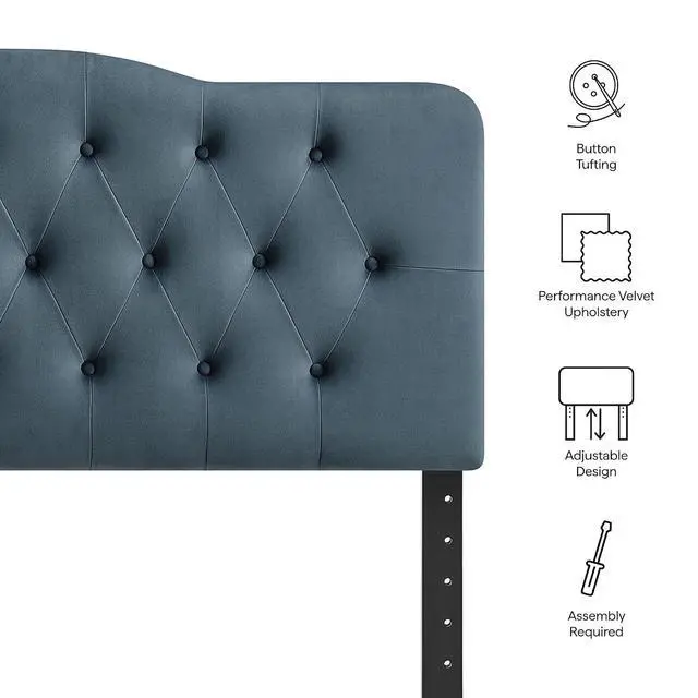 Alt view image 4 of 7 - Annabel Performance Velvet Adjustable King Headboard in Cadet Blue - Stain-Resistant Padded Headboard Only with Diamond Button Tufting and 7 Height-Adjustable Positions