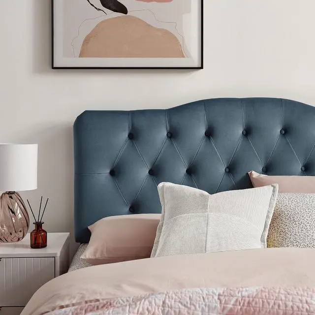 Alt view image 5 of 7 - Annabel Performance Velvet Adjustable King Headboard in Cadet Blue - Stain-Resistant Padded Headboard Only with Diamond Button Tufting and 7 Height-Adjustable Positions