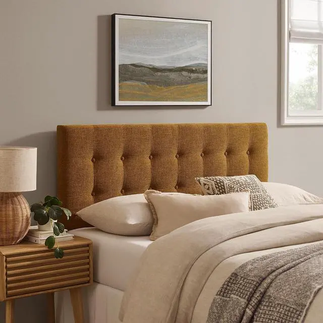 Main image of Emily Full Size Performance Fabric Headboard in Copper - Linen-Like Upholstery with Button Tufting and 7 Adjustable Height Positions