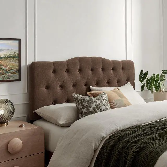 Main image of Annabel Premium Linen Blend Queen Headboard in Cocoa - Soft Fabric Headboard Only with Diamond Button Tufting and 7 Height-Adjustable Positions