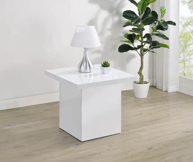 Alt view image 2 of 7 - Coaster Home Furnishings - Devar - Wood - Square End Table with Thick Top, Plinth Base, and Blocky Frame - Living Room - 23.5-Inch - White High Gloss - 710897