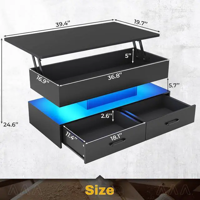 Alt view image 2 of 7 - 40" Lift Top Coffee Table, Coffee Tables with Storage for Living Room, Small Coffee Table with 2 Drawers & LED Light for Dining Reception Room, Black