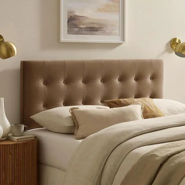 Main image of Emily Full Size Performance Velvet Headboard in Taupe - Stain-Resistant Velvet Upholstery with Button Tufting and 7 Adjustable Height Positions