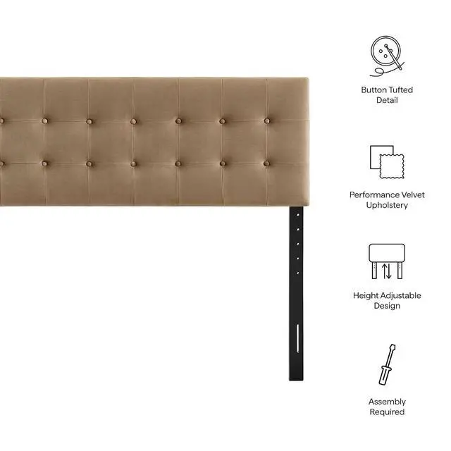Alt view image 4 of 7 - Emily Full Size Performance Velvet Headboard in Taupe - Stain-Resistant Velvet Upholstery with Button Tufting and 7 Adjustable Height Positions