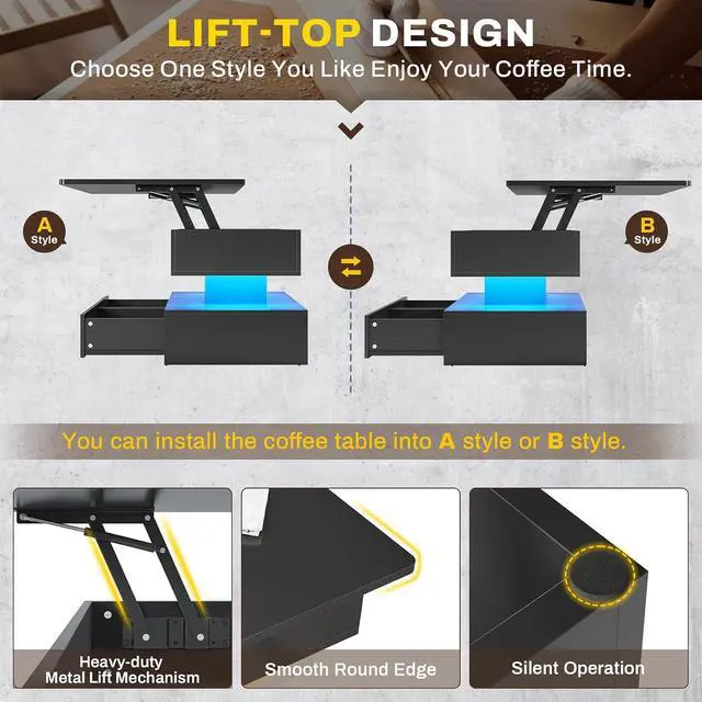 Alt view image 6 of 7 - 40" Lift Top Coffee Table, Coffee Tables with Storage for Living Room, Small Coffee Table with 2 Drawers & LED Light for Dining Reception Room, Black