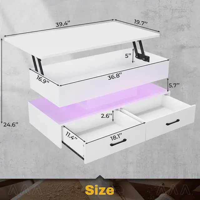 Alt view image 2 of 7 - 40" Lift Top Coffee Table, Coffee Tables with Storage for Living Room, Small Coffee Table with 2 Drawers & LED Light for Dining Reception Room, White