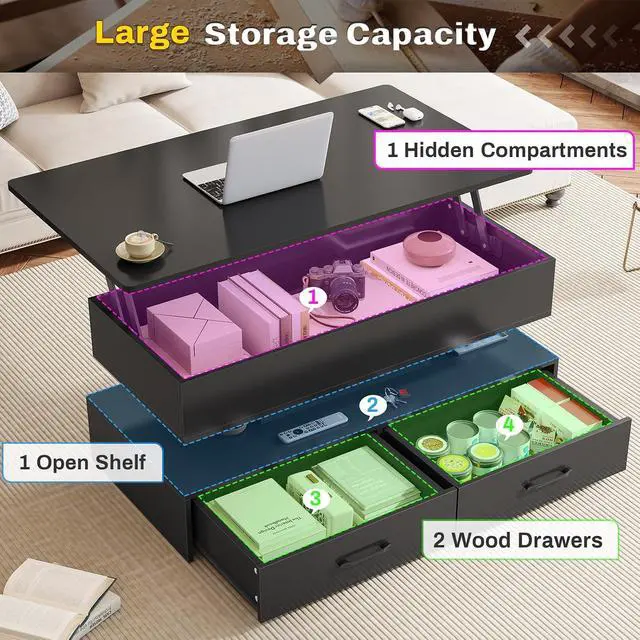 Alt view image 4 of 7 - 40" Lift Top Coffee Table, Coffee Tables with Storage for Living Room, Small Coffee Table with 2 Drawers & LED Light for Dining Reception Room, Black