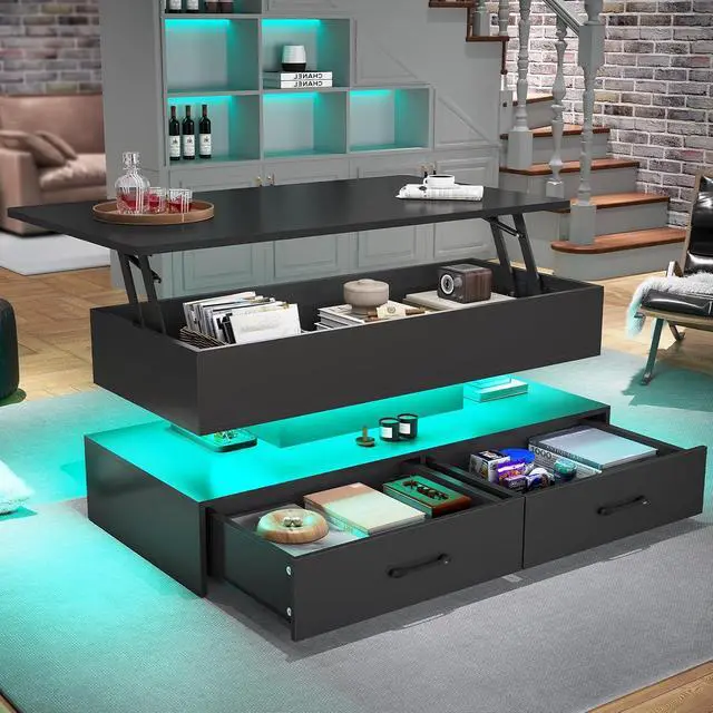 Alt view image 3 of 7 - 40" Lift Top Coffee Table, Coffee Tables with Storage for Living Room, Small Coffee Table with 2 Drawers & LED Light for Dining Reception Room, Black