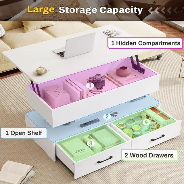 Alt view image 4 of 7 - 40" Lift Top Coffee Table, Coffee Tables with Storage for Living Room, Small Coffee Table with 2 Drawers & LED Light for Dining Reception Room, White
