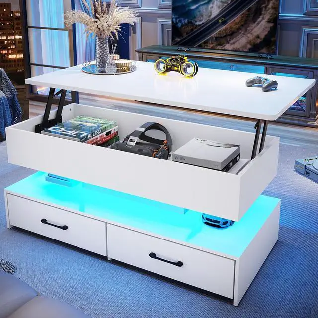 Main image of 40" Lift Top Coffee Table, Coffee Tables with Storage for Living Room, Small Coffee Table with 2 Drawers & LED Light for Dining Reception Room, White