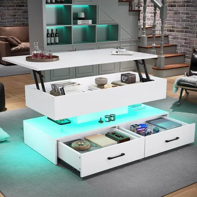 Alt view image 3 of 7 - 40" Lift Top Coffee Table, Coffee Tables with Storage for Living Room, Small Coffee Table with 2 Drawers & LED Light for Dining Reception Room, White