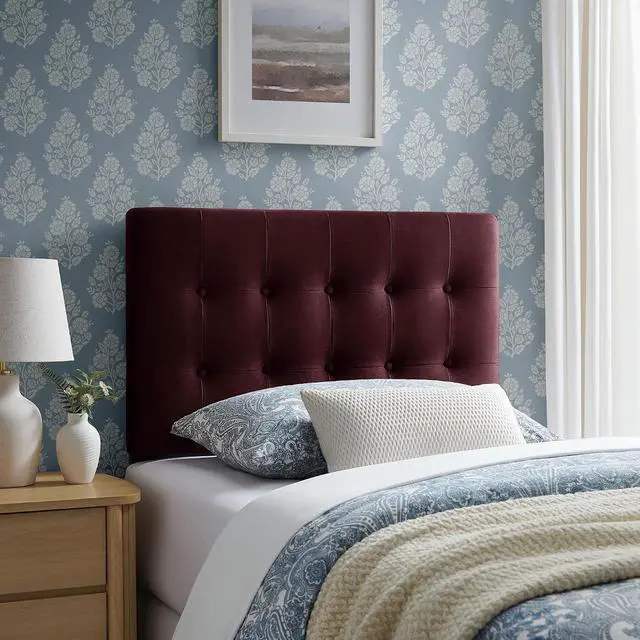 Main image of Emily Twin Size Performance Velvet Headboard in Mulberry - Stain-Resistant Velvet Upholstery with Button Tufting and 7 Adjustable Height Positions
