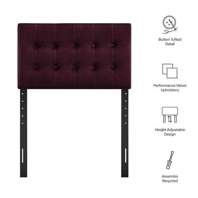 Alt view image 4 of 7 - Emily Twin Size Performance Velvet Headboard in Mulberry - Stain-Resistant Velvet Upholstery with Button Tufting and 7 Adjustable Height Positions