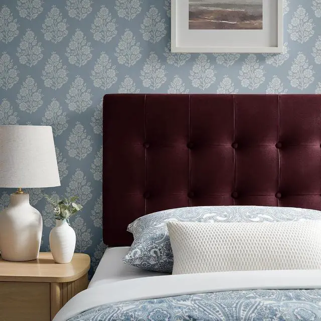 Alt view image 5 of 7 - Emily Twin Size Performance Velvet Headboard in Mulberry - Stain-Resistant Velvet Upholstery with Button Tufting and 7 Adjustable Height Positions
