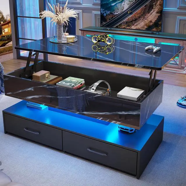 Main image of 40" Lift Top Coffee Table, Coffee Tables with Storage for Living Room, Small Coffee Table with 2 Drawers & LED Light for Dining Reception Room, Black Marble