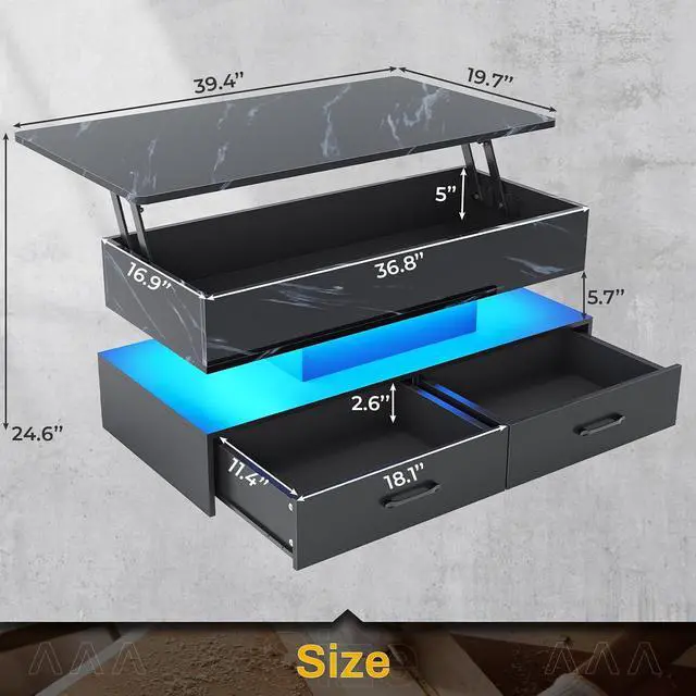 Alt view image 2 of 7 - 40" Lift Top Coffee Table, Coffee Tables with Storage for Living Room, Small Coffee Table with 2 Drawers & LED Light for Dining Reception Room, Black Marble
