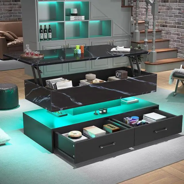 Alt view image 3 of 7 - 40" Lift Top Coffee Table, Coffee Tables with Storage for Living Room, Small Coffee Table with 2 Drawers & LED Light for Dining Reception Room, Black Marble