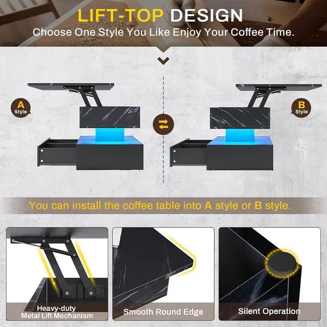 Alt view image 6 of 7 - 40" Lift Top Coffee Table, Coffee Tables with Storage for Living Room, Small Coffee Table with 2 Drawers & LED Light for Dining Reception Room, Black Marble