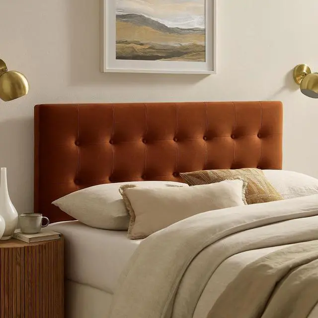 Main image of Emily Queen Size Performance Velvet Headboard in Rust - Stain-Resistant Velvet Upholstery with Button Tufting and 7 Adjustable Height Positions
