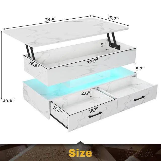 Alt view image 2 of 7 - 40" Lift Top Coffee Table, Coffee Tables with Storage for Living Room, Small Coffee Table with 2 Drawers & LED Light for Dining Reception Room, White Marble
