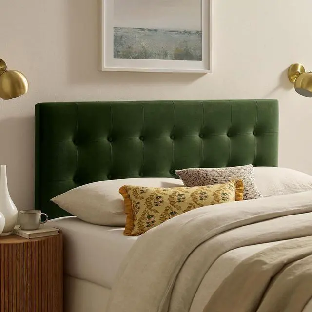 Main image of Emily King Size Performance Velvet Headboard in Moss Green - Stain-Resistant Velvet Upholstery with Button Tufting and 7 Adjustable Height Positions
