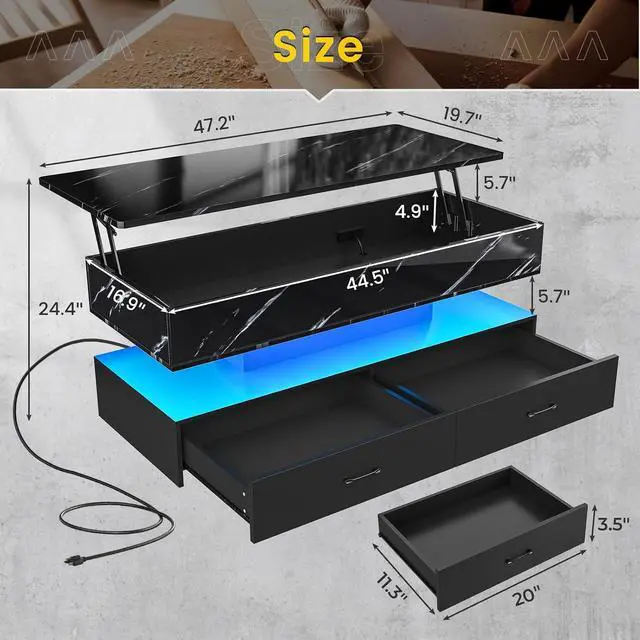 Alt view image 2 of 7 - 47.2" Lift Top Coffee Table, Coffee Tables with Storage for Living Room, 2 Drawers Coffee Table with Power Outlet & LED Light for Dining Reception Room, High Gloss Black Marble