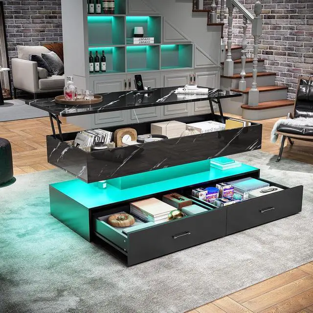 Alt view image 3 of 7 - 47.2" Lift Top Coffee Table, Coffee Tables with Storage for Living Room, 2 Drawers Coffee Table with Power Outlet & LED Light for Dining Reception Room, High Gloss Black Marble