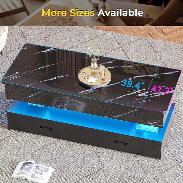 Alt view image 7 of 7 - 47.2" Lift Top Coffee Table, Coffee Tables with Storage for Living Room, 2 Drawers Coffee Table with Power Outlet & LED Light for Dining Reception Room, High Gloss Black Marble