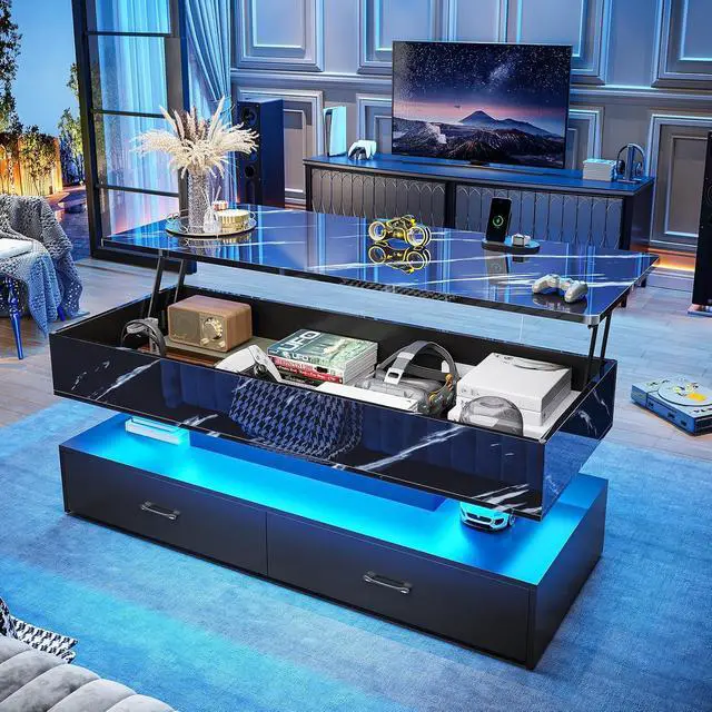 Main image of 47.2" Lift Top Coffee Table, Coffee Tables with Storage for Living Room, 2 Drawers Coffee Table with Power Outlet & LED Light for Dining Reception Room, High Gloss Black Marble