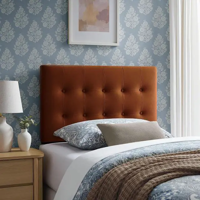 Main image of Emily Twin Size Performance Velvet Headboard in Rust - Stain-Resistant Velvet Upholstery with Button Tufting and 7 Adjustable Height Positions