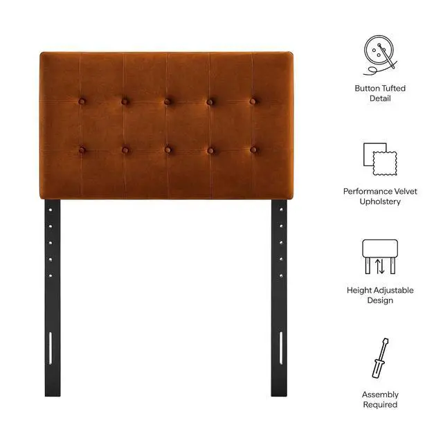 Alt view image 4 of 7 - Emily Twin Size Performance Velvet Headboard in Rust - Stain-Resistant Velvet Upholstery with Button Tufting and 7 Adjustable Height Positions