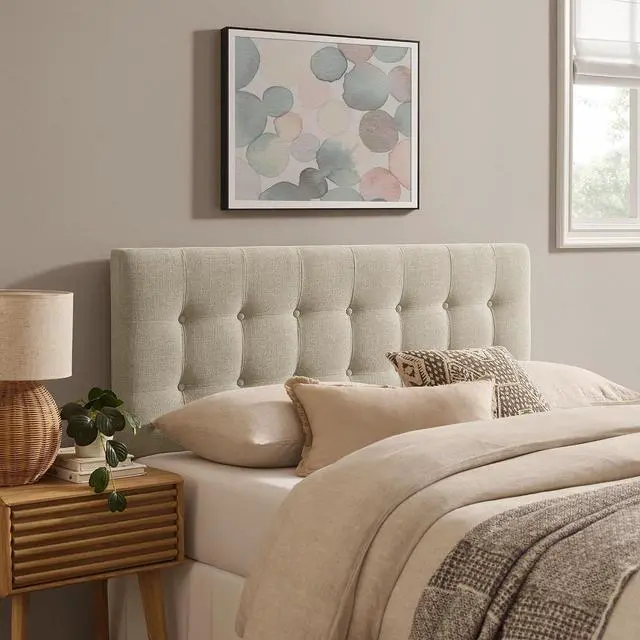 Main image of Emily Full Size Performance Fabric Headboard in Linen - Linen-Like Upholstery with Button Tufting and 7 Adjustable Height Positions