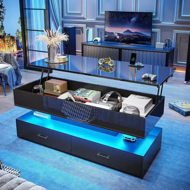 Main image of 47.2" Lift Top Coffee Table, Coffee Tables with Storage for Living Room, 2 Drawers Coffee Table with Power Outlet & LED Light for Dining Reception Room, High Gloss Black