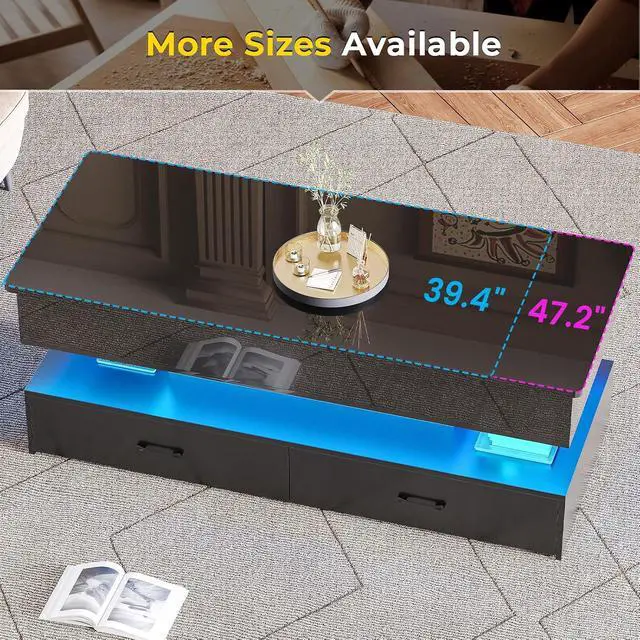 Alt view image 7 of 7 - 47.2" Lift Top Coffee Table, Coffee Tables with Storage for Living Room, 2 Drawers Coffee Table with Power Outlet & LED Light for Dining Reception Room, High Gloss Black
