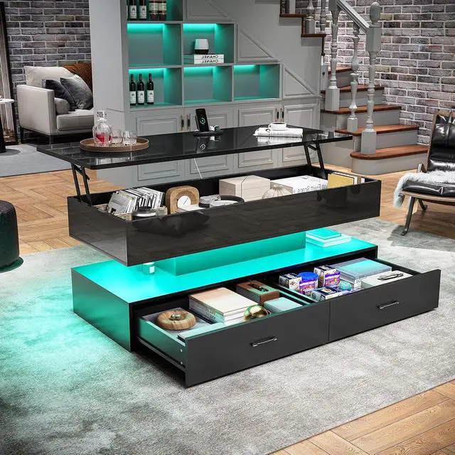 Alt view image 3 of 7 - 47.2" Lift Top Coffee Table, Coffee Tables with Storage for Living Room, 2 Drawers Coffee Table with Power Outlet & LED Light for Dining Reception Room, High Gloss Black