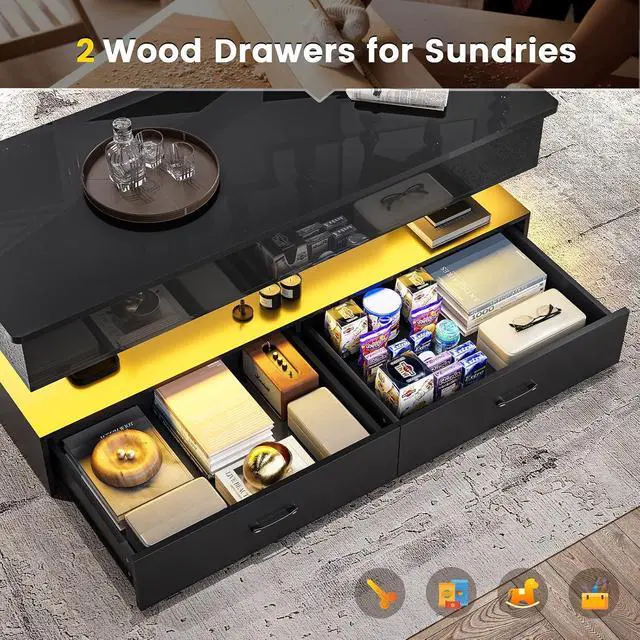 Alt view image 5 of 7 - 47.2" Lift Top Coffee Table, Coffee Tables with Storage for Living Room, 2 Drawers Coffee Table with Power Outlet & LED Light for Dining Reception Room, High Gloss Black