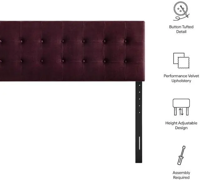 Alt view image 4 of 7 - Emily King Size Performance Velvet Headboard in Mulberry - Stain-Resistant Velvet Upholstery with Button Tufting and 7 Adjustable Height Positions