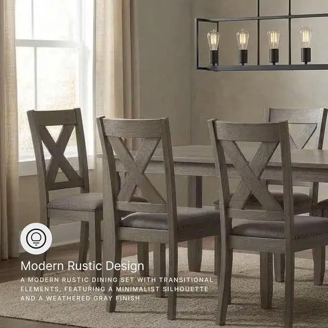 Alt view image 7 of 7 - Caitbrook Rustic 7-Piece Dining Set Rectangular Table with 6 X-Back Upholstered Chairs, Gray