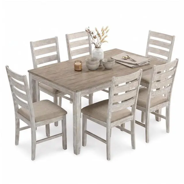 Main image of Skempton Cottage Dining 7 Piece Set Rectangular Table & 6 Upholstered Chairs | Coastal Chic Meets Farmhouse, Whitewash