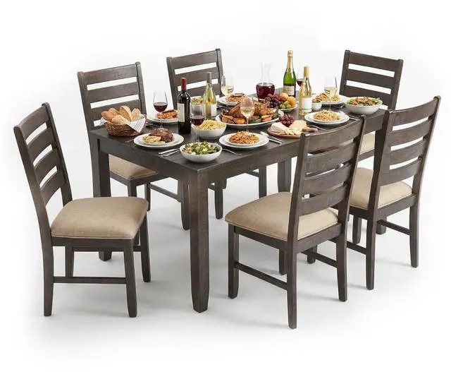 Main image of Rokane 7-Piece Dining Room Table Set with 6 Upholstered Chairs - Brown Wood 20" Rectangular Table & Chair Set for Kitchen Dining Room