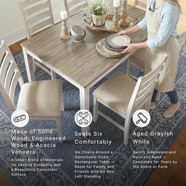 Alt view image 6 of 6 - Skempton Cottage Dining 7 Piece Set Rectangular Table & 6 Upholstered Chairs | Coastal Chic Meets Farmhouse, Whitewash