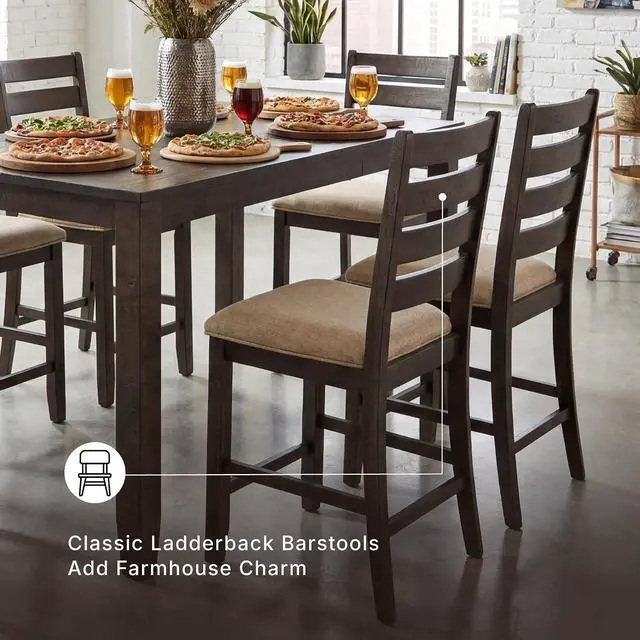 Alt view image 5 of 6 - Rokane 7-Piece Dining Room Table Set with 6 Upholstered Chairs - Brown Wood 20" Rectangular Table & Chair Set for Kitchen Dining Room